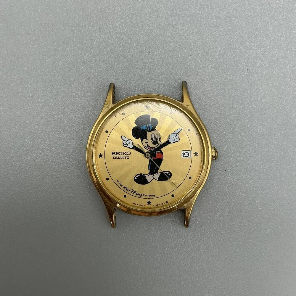 Vintage Seiko Mickey Mouse Mens Watch 33mm Gold Dial 5Y22-8039 Date Non Running